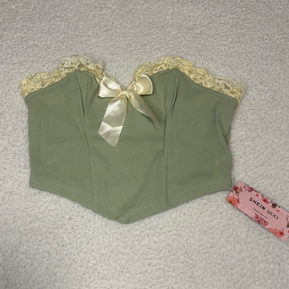 Shein MOD Women Green Front Bow Lace Trim Corset Top